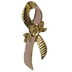 Vintage Avon Pink Ribbon Gold-Tone Rose Brooch Awareness Lapel Pin
